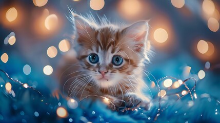 New Year concept Kitten with sparkling lights or stars on festive blue background