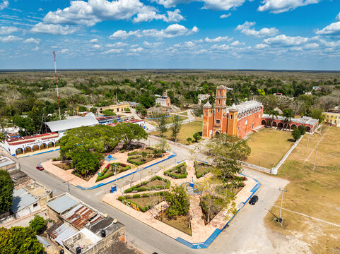 Aerial view of Mayan church, San Francisco de Asis church, Yaxcaba, Yucatan, Mexico.