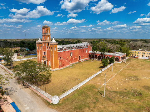 Aerial view of Mayan church, San Francisco de Asis church, Yaxcaba, Yucatan, Mexico.