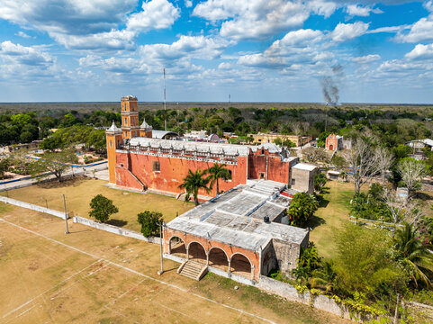Aerial view of Mayan church, San Francisco de Asis church, Yaxcaba, Yucatan, Mexico.