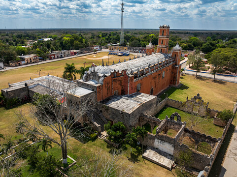 Aerial view of Mayan church, San Francisco de Asis church, Yaxcaba, Yucatan, Mexico.
