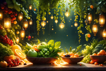 Organic food Healthy Eating , Vibrant Fruits & Veggies on Rustic Table with Light Bulbs