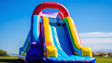 children's inflatable bright slide standing outdoors on the lawn
