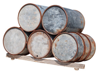 Old rusty metal fuel barrels on white