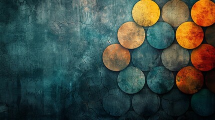   A painting featuring a collection of circles against a backdrop of blue and green, with a golden circle centrally positioned - obrazy, fototapety, plakaty