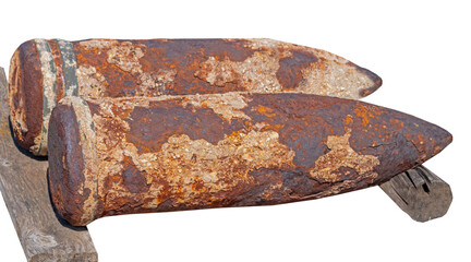 Old rusted World War II ammunition shell of artillery