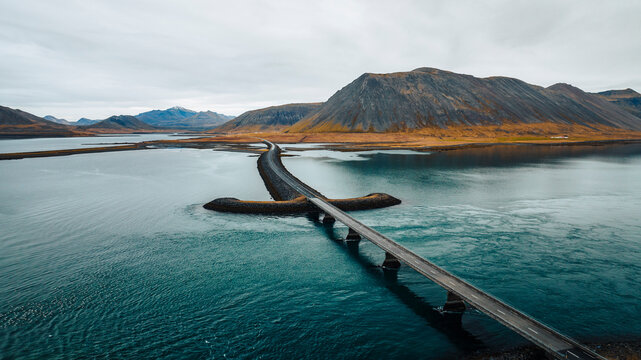 Aerial drone view of Viking Bridge, sword shaped bridge on the Snaefellsnes Peninsula, West Iceland.