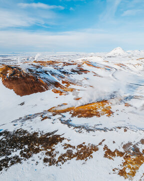 Aerial drone view of Hverir Geothermal Area, Surfur geysers and hot water sources, Touristic attraction, Northern Iceland.