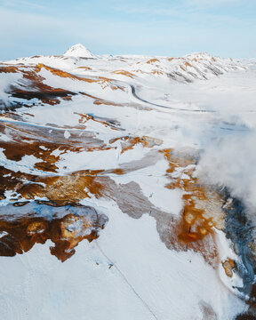 Aerial drone view of Hverir Geothermal Area, Surfur geysers and hot water sources, Touristic attraction, Northern Iceland.