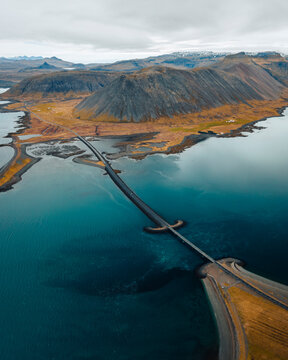 Aerial drone view of Viking Bridge, sword shaped bridge on the Snaefellsnes Peninsula, West Iceland.