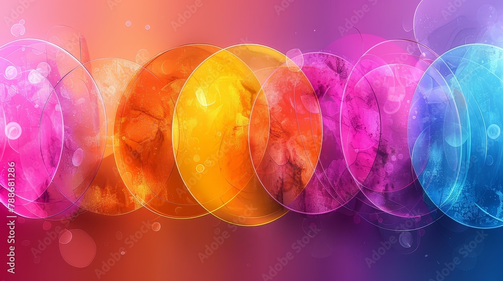 Poster a collection of distinctively colored circles against a multi-hued backdrop, featuring bubbles in th