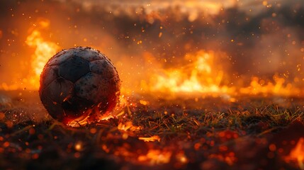 passion of the game with a football placed on the fiery crimson grass of a stadium, depicted in cinematic high resolution photography against a burning scarlet background.