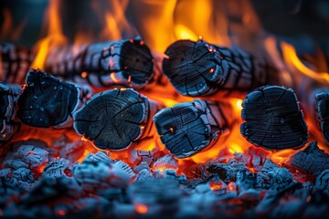 Detailed shot of charred wood in glowing fire