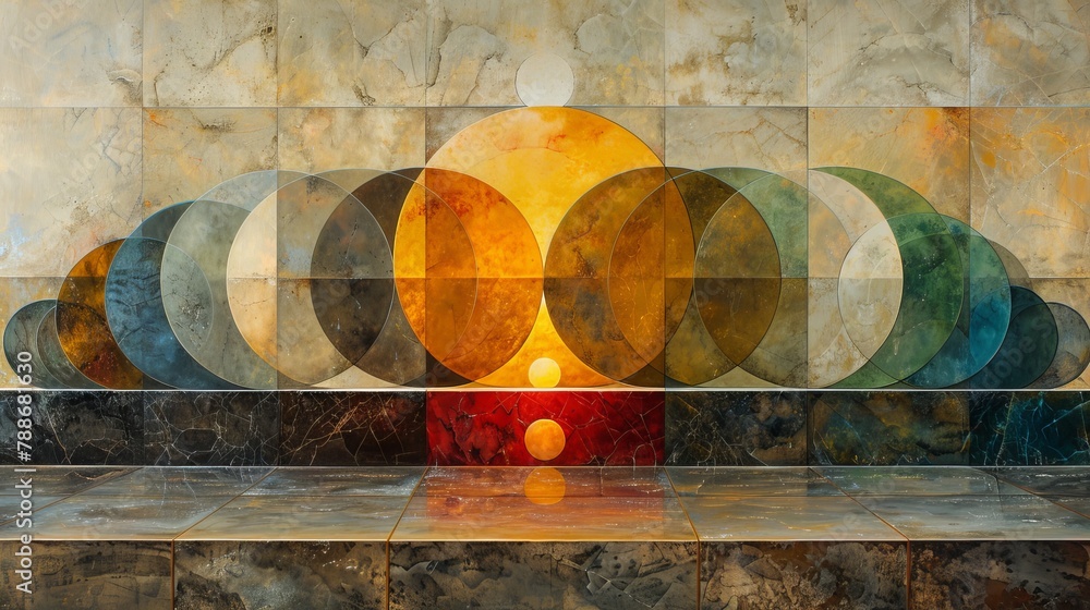 Poster a table is depicted with a lit candle placed in front behind the table, a wall adorned with circles 