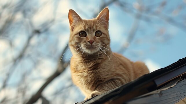 orange cat on top of roof looking down towards camera curious sky background