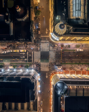 Aerial drone view of Centro Historico in christmas season in Mexico City at night, Mexico.