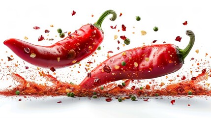   Two red peppers hover in the air, adorned with red and green specks