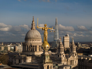 Aerial view of City of London with St Paul's Cathedral and Old Bailey, London, England.