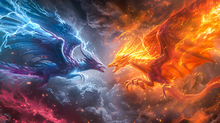 3d illustration Dragon War, epic battle between fire dragon and lightning dragon. concept art, 3D rendering