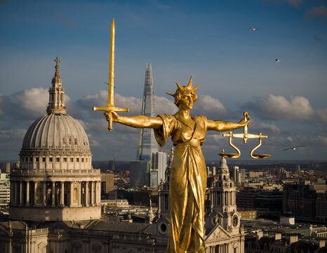 Aerial view of modern City of London with St Paul's Cathedral and Old Bailey, London, England.