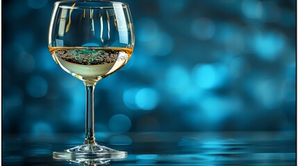   A tight shot of a wine glass holding liquid, situated on a table against a softly blurred backdrop - obrazy, fototapety, plakaty