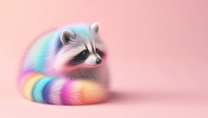 Curled up cute raccoon with fur in rainbow colors - obrazy, fototapety, plakaty