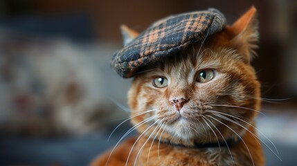 Orange tabby cat dressed in a retro flannel newsboy cap - obrazy, fototapety, plakaty