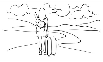 Travel girl on the road with a backpack on white background. Continuous line art drawing isolated on white background. Vector illustration