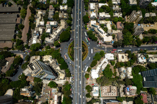 Aerial view of urban cityscape with beautiful architecture, Dadar East, Mumbai, India.