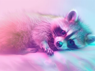 A cute raccoon rests while being illuminated by soft pink light.