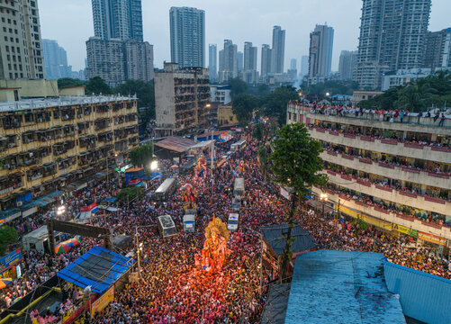 Aerial view of crowded Ganesh idol festival in Parel, Mumbai, India.