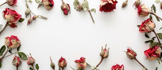 Composition of flowers. Dried rose flowers arranged in a frame on a white background. Flat lay, top view, with space for text.