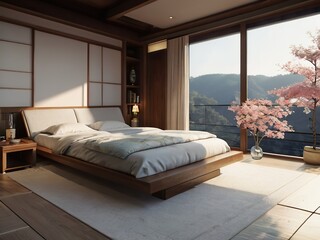 Japanese style bedroom with cherry blossom tree - 788682479