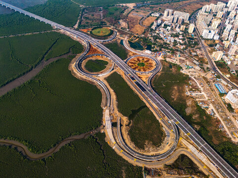 Aerial view of Trans Harbour Link Road with Sewri and Nhava Sheva, Ulwe, Maharashtra, India.
