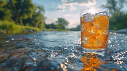   A glass of drink closely situated on a water surface, surrounded by trees and a blue sky in the backdrop - obrazy, fototapety, plakaty