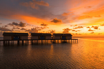 Aerial view of overwater bungalow, Ismehela Hera, Addu Atoll, Maldives.