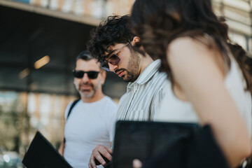 A multi-aged business team examines documents and strategizes outdoors, engaged in a productive meeting.