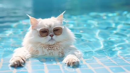 Persian cat by the pool for summer in googles - obrazy, fototapety, plakaty