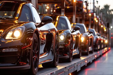A convoy of specialized car-hauler trucks, each carrying a lineup of gleaming, luxury vehicles, their polished exteriors reflecting the sunlight