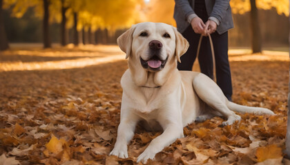 labrador retriever dog in autumn leaves background