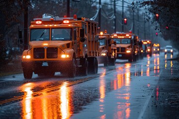 A convoy of utility trucks working together to repair a damaged power line after a severe storm