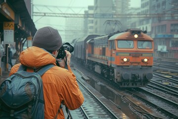 A dedicated train enthusiast capturing the perfect shot of a passing locomotive, camera poised - obrazy, fototapety, plakaty