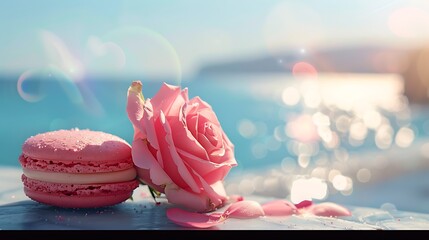 Pink macaroons delicious pastries and one pink rose on sea view