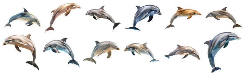Fototapeta premium Playful dolphins leaping and swimming isolated cut out png on transparent background