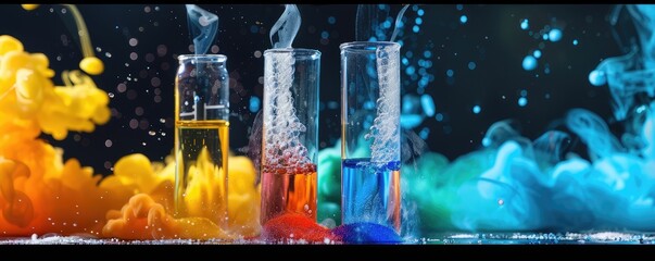Vibrant science laboratory scene with chemical flasks, smoke, and bursts of flame representing experiment