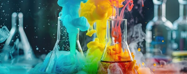 Vibrant science laboratory scene with chemical flasks, smoke, and bursts of flame representing...