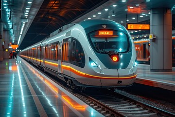 Fototapeta premium A modern commuter train arriving at a station, its sleek design blending with contemporary architecture
