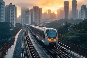 A modern commuter train gliding smoothly along elevated tracks, offering passengers panoramic city views