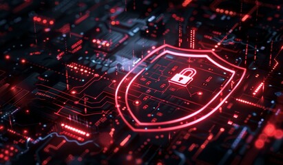 Fototapeta premium A shield icon surrounded by digital symbols of security, such as lock graphics and binary code The background is dark with red lights illuminating the scene Generative AI