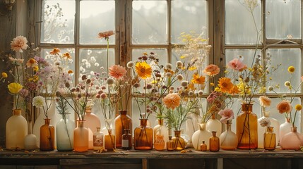   A table holds several vases filled with flowers, facing a window adorned with numerous windowsills
